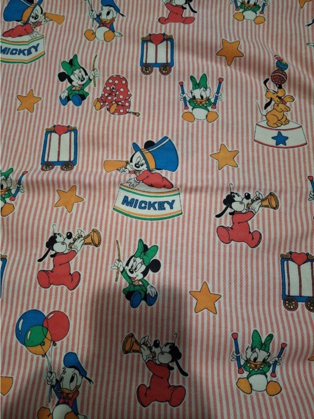 Vtg 1984 Mickey Mouse And Friends Material Pink Stripe Background Jersey Knit